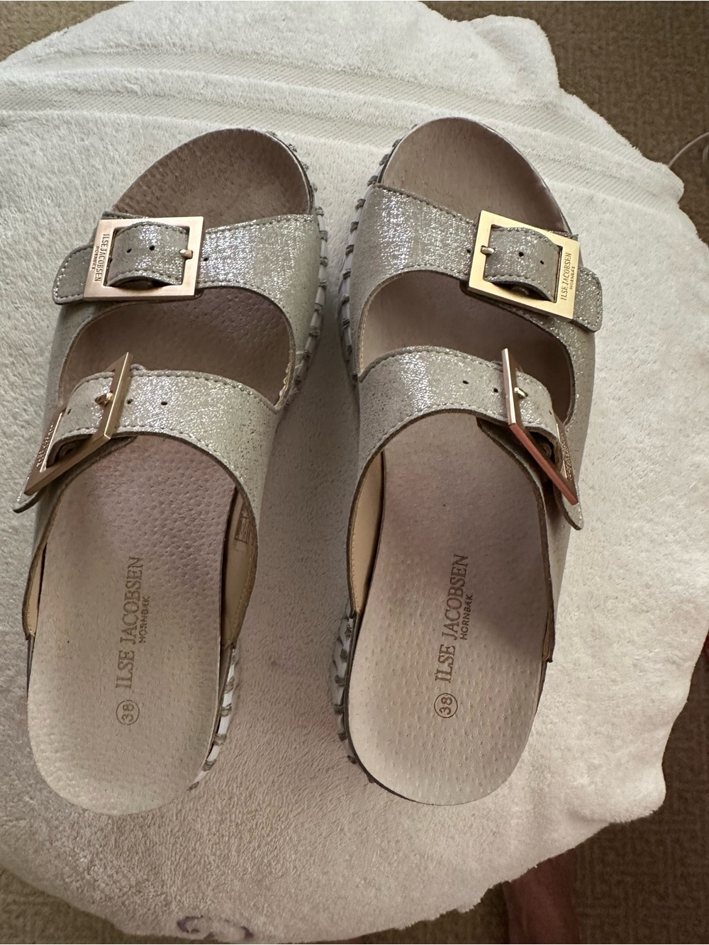 Ilse Jacobsen Hirnbaek Metallic Doible Buckle Comfort Slide Sandals